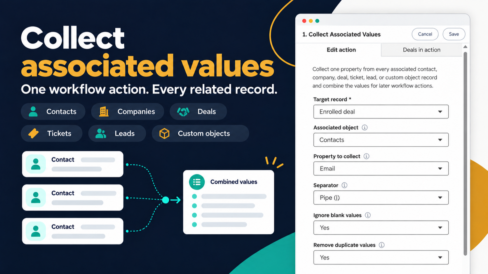 HubSpot workflow action panel demonstrating how to collect values from associated CRM records