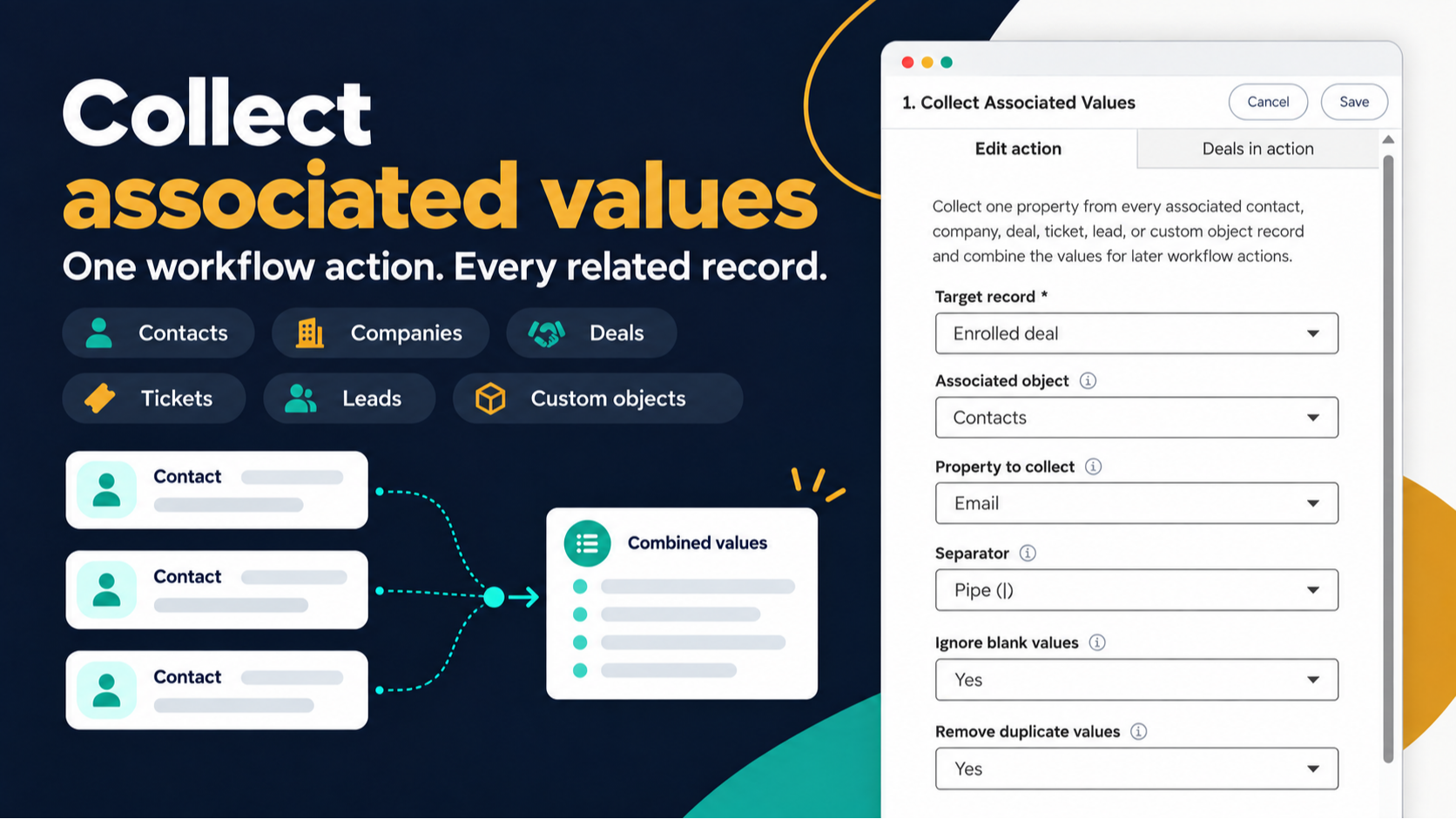 HubSpot workflow action panel configuring the Collect Associated Values action across related CRM records