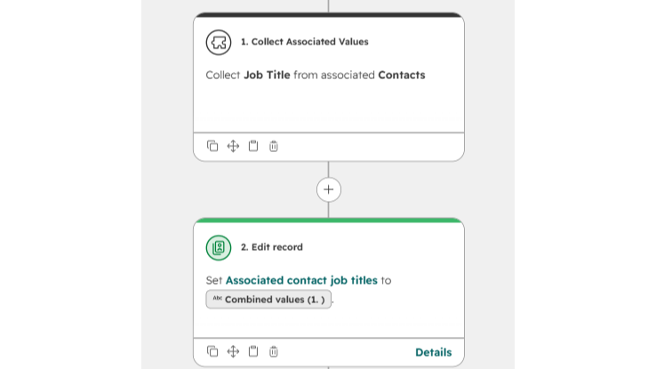 HubSpot workflow showing collected contact job titles mapped into a subsequent Edit Record action
