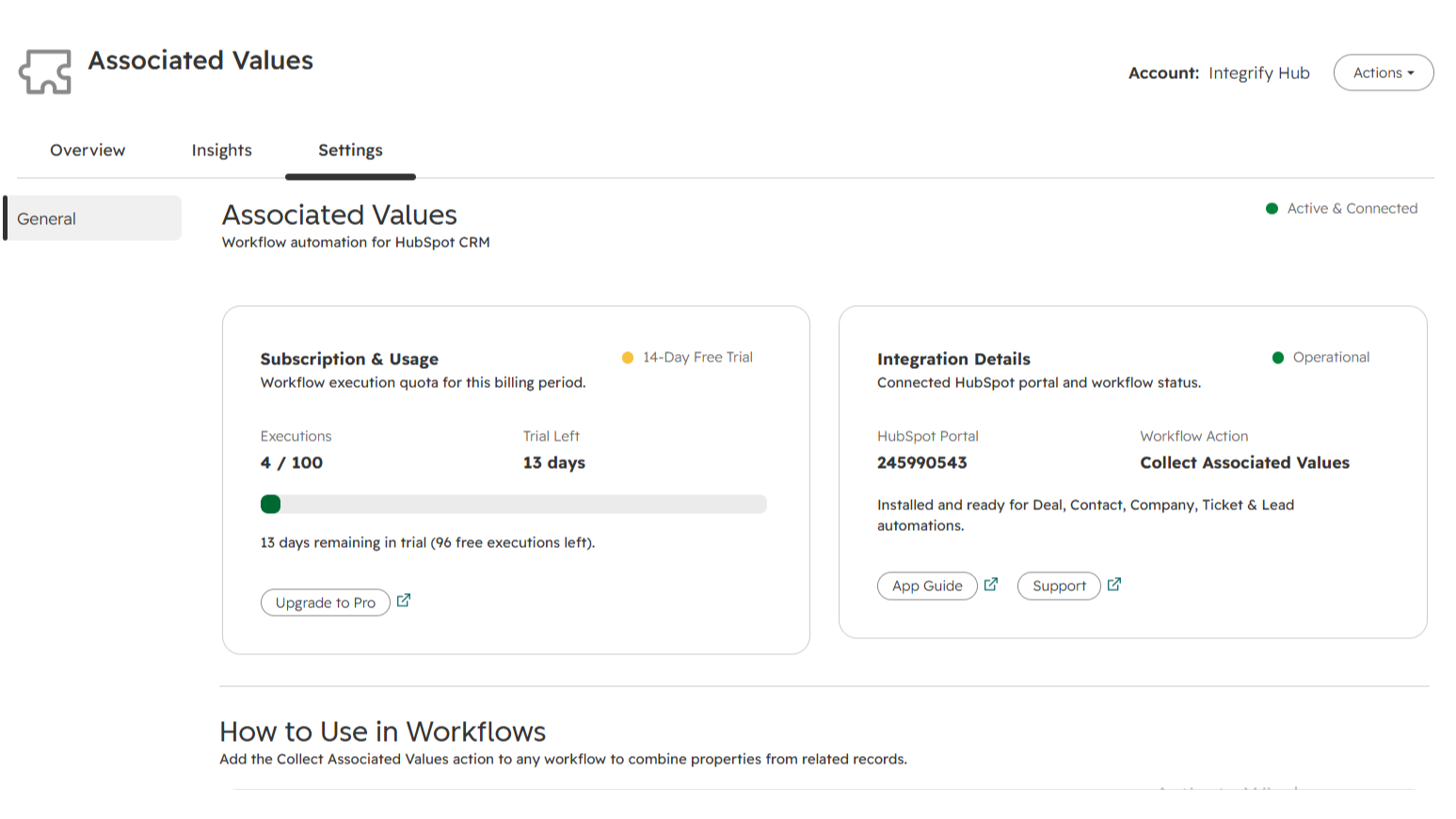 Associated Values app settings page in HubSpot displaying connection status, subscription usage, and support links