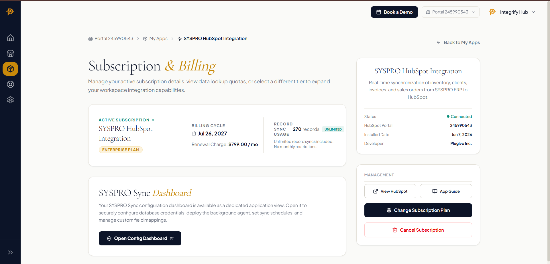 The main SYSPRO for HubSpot dashboard showing configured operations, sync status, and plan details